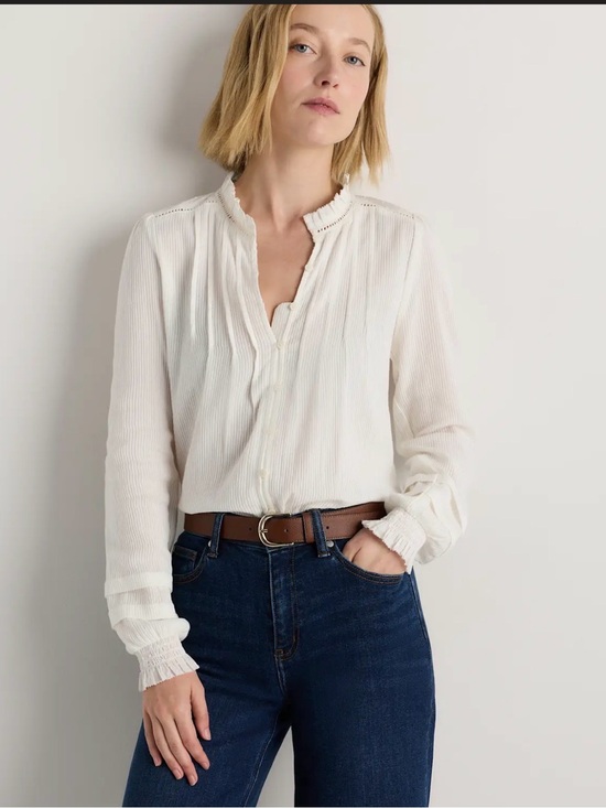 Quince Tops - Quince Organic Textured Cotton Peasant Blouse, White, XS
